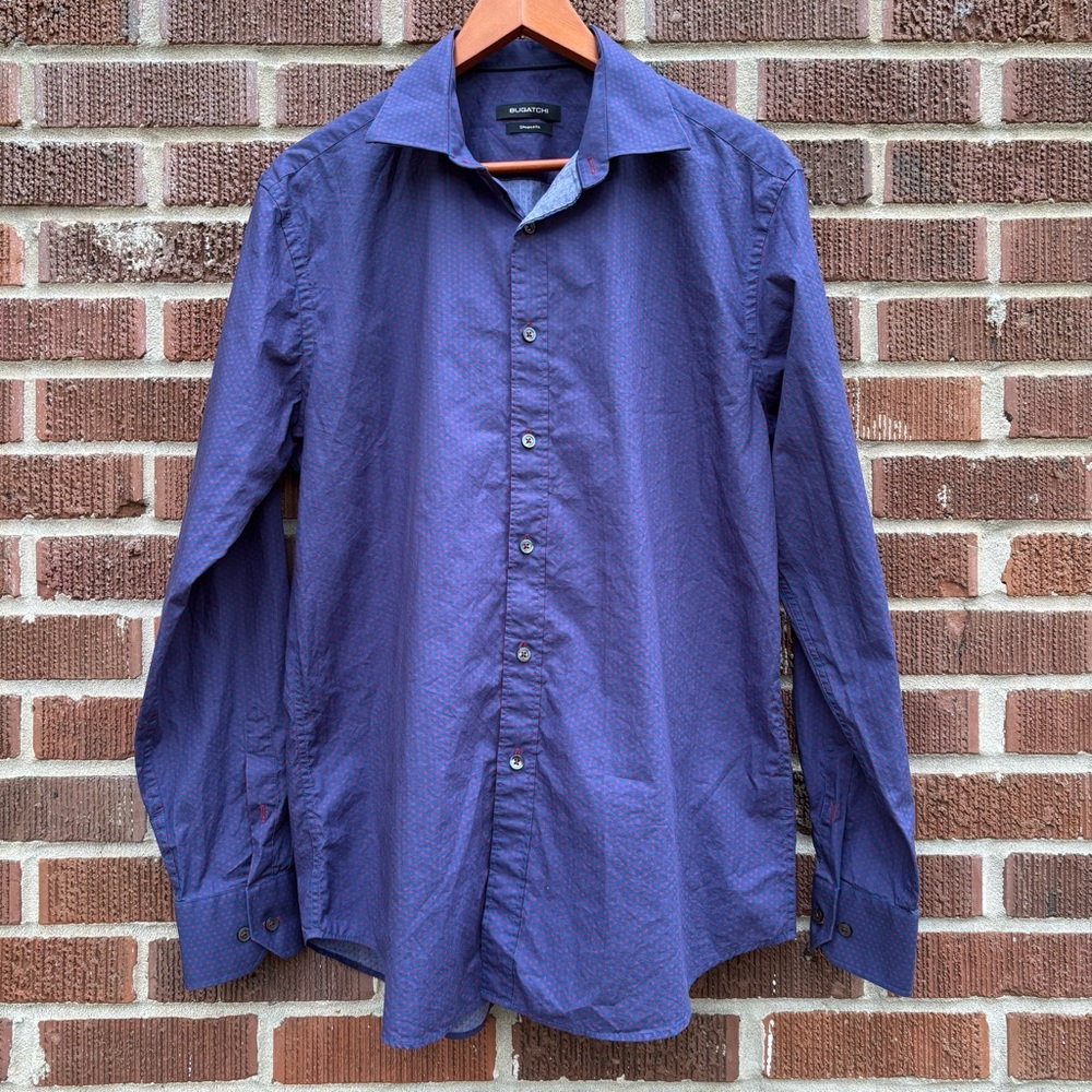 Bugatchi Shirt Mens Large Navy Cotton Shaped Fit Long Sleeve Polka Dot Spotted